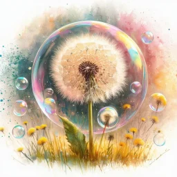 Create a watercolor and chalks painting, whimsical painterly fantasy art, a single large dandelion plant including appropriate leaves at the base of the stem, the head of the dandelion surrounded by a transparent bubble, the dandelion has gone to seed, paint splatter overlay, intuitive pastel colors, soft yellow meadow sprinkled with dandelions and small transparent bubbles in background, add reflections to the bubbles, watercolor and chalk style.