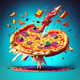 Imagina una gran pizza redonda sobre una mesa explotando pedazos saltando por el aire arte cartoon detallada colores contrastantes