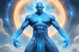 A majestic full-body portrait of a Cosmic Spirit manifested as a strong, tall man with vibrant glowing blue skin. He has a good structure and imposing yet graceful physique. His face has soft, wise and deeply loving features with a gentle, sweet gaze looking directly at the viewer. Warm, welcoming and embracing posture with arms slightly open. He is standing immersed in magical luminous blue water that sparkles with brilliant light rays and reflections. The background is a breathtaking