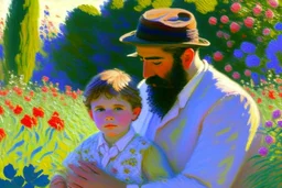 An oil painting of a father with his son in a flower garden by artist "Claude Monet"