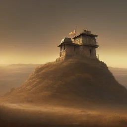 franz frazetta style, watchtower on hill, amon hen, plains in the distance, sunset