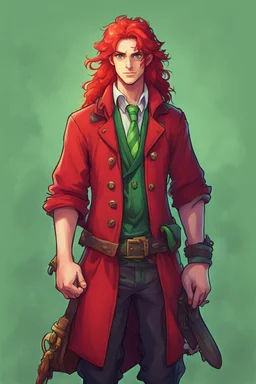 Pirates caught a man, long red hair, long red jacket with a green tie, green eyes, stardew valley style