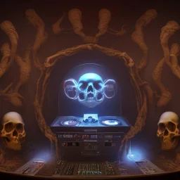 DJ of the damnded, insanely detailed DJ booth in hell, MID set, speakers and equipment made of bone, anatomically correct, add more skulls in th audience, photorealism, vray, 8k 3d, woofers in all empty eye sockets of stage equipment, wide angle, telephoto, from audience, all multicolored skulls,