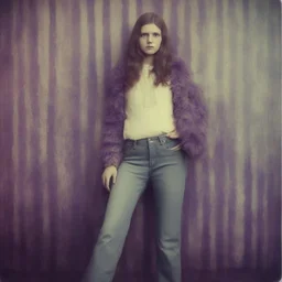 Lara ingalls,Hippie girl, jeans, purple fur, striped wallpaper, old autochrome