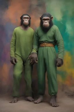 Roddy McDowall and Kim Hunter as Cornelius and Zira the chimpanzees from Planet of the Apes wearing a thick green cotton tunics and trousers - extremely colorful, multicolored paint splattered wall in the background, oil painting by Leonardo da Vinci