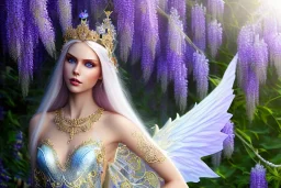 Fantasy cute elf with transparent wings, smiling, make up, long blond platinum hair, blue eyes, crown, beautiful dress, wisteria flowers and mushrooms in background, HQ, high key lighting, volumetric light high details