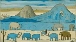 A light blue tundra with woolly mammoths painted by Paul Klee