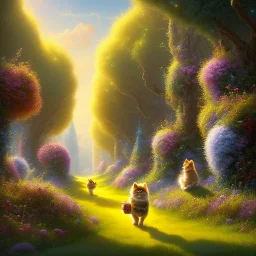 cute fluffy lion and scarecrow and tin-man and kitten on a journey into the woods walking on a yellow brick road, cute adorable pop surrealism, lowbrow art, realistic, street fashion, fluffy , pixar style, hyperrealism, christmas colors, rococo, by "NewAgerJul", Pixar, Disney, concept art, 3d digital art, Maya 3D, ZBrush Central 3D shading, bright colored background, radial gradient background, cinematic, Reimagined by industrial light and magic, 4k resolution post processing 8k resolution holog