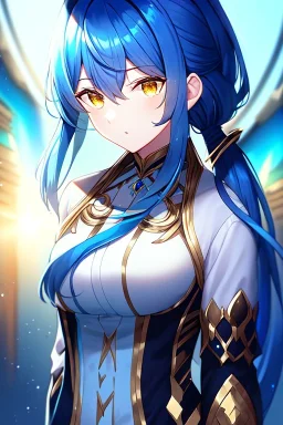 girl, masterpiece, best quality, cinematic lighting, detailed outfit, vibrant colors, perfect eyes, blue hair, long hair, golden eyes, low ponytail,