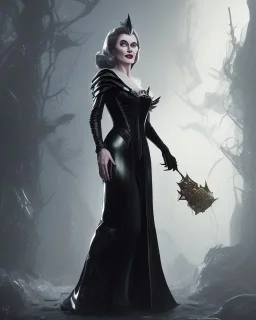 old evil queen in black leather gown, femme fatale, volouptous, busty, cleavage, angry, emperious, 8k resolution concept art portrait by Greg Rutkowski,