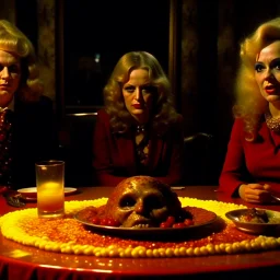 Spooky, ultra realistic distress, dining, ultra realistic hot woman, melted red ice, giant eye on a table, organic hot bondes, dynamic, anguish, excited and lively scene, hypermaximalist figures, Creepy the Ring Alfred Hitchcock, Sam Raimi, insanely detailed, sinister, John Carpenter, Dario Argento, ornate, Stanley Kubrik