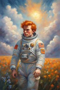 stunning painting of a soviet cosmonaut with ginger hair, iris field, epic clouds, ((painterly)), ((impressionist)), vibrant, soft edges, golden glow