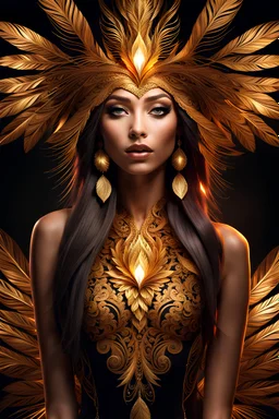 acid lighting, from below, hyperdetailed, hyper realistic, epic action full body portrait Incredible beautiful of Firebird girl with the merger between gold and fire, hypnotic opinion, fractal hair and feathers, detailed face, inquisitive soul | inspiration | gold colors, intricate detailing, surrealism, fractal details, enigmatic flirty smile, view from back, dressed in complex chaotic diamond outfit, artificial nightmares style, reflective eyes, detailed eyes, detailed art deco ornamentation,