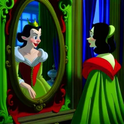 Snow White's stepmother stands in front of the mirror and asks a mirror, a mirror on the wall, who is the most beautiful of them all? From the mirror she sees a picture of an ugly and disgusting witch