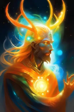 prismatic hair ethereal transparent prism astral projection Eladrin Male antlers druid beard sparkling radiance prismatic shining starlight enshrouded glowing hot sunlight warm orange constellations