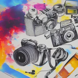 elements of photographic equipment. poster graphics. high detailed. acrylic painting and ink.