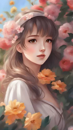 a painting of a girl surrounded by flowers, portrait anime girl, beautiful anime portrait, cute anime girl portrait, girl in flowers, detailed portrait of anime girl, realistic cute girl painting, anime painting, kawaii realistic portrait, stunning anime face portrait, anime picture, realistic anime art style, cute detailed artwork, semirealistic anime style, realistic anime artstyle, japanese anime artist drawn