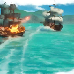 Two pirate ships fight each other at sea. Firing cannons. One ship is hit and burns after being hit.