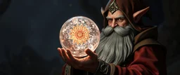 dwarven priest expert holding up a radiant Painite crystal rosette ball
