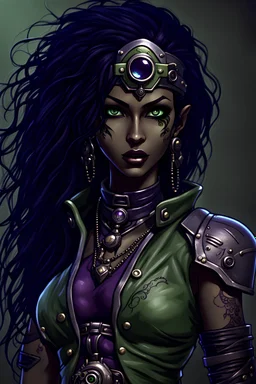Realistic young, perky, beautiful, female humanoid githyanki. pale green body skin, big dark purple flowing hair, large dark black eyes, a few facial tatoos, pointed ears, dressed in steampunk and armor