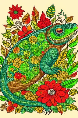 a chameleon rounded by flowers and leaves, quimbaya culture style