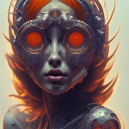 A beautiful portrait of a cute cyberpunk woman happy with lot's of grain and irregularities on her skin, alphonse mucha and Hans Ruedi Giger style, tribal tatoos, orange color scheme, high key lighting, volumetric light high details with white stripes and feathers full length clean art NFT, soft lighting, soft pastel gradients, high definition, blender 3d cinematic, op art, visionary art, sacred geometry, fractal, white balanced,