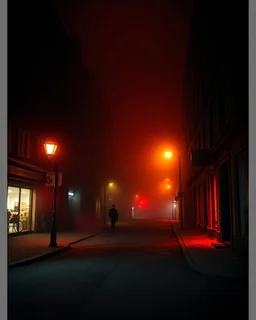 Dark street creepy fog colours strong texture nightmare 8k artistic Photography volumetric light, Yves Tanguy Max Ernst