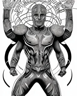 man in full body spandex with runes all over it drawn in marker