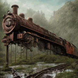 abandoned train of hogwarts on tracks overgrown by nature with large puddles of water flooding part of tracks, 8k resolution, high-quality, fine-detail, intricate, digital art, detailed matte, volumetric lighting, illustration, 3D octane render, brian froud, howard lyon, selina french, anna dittmann, annie stokes, lisa parker, greg rutowski