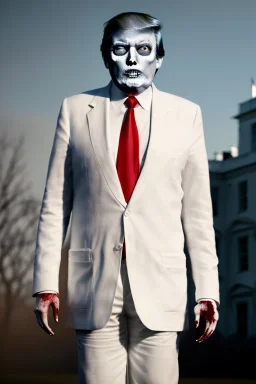 Ultra realistic image, Donald trump zombie, zombie performance, suit, skull, blood, torn arm, night, walking twisted, waist up view, thriller style, dark ambient, highly detailed, White House background, concept art, unreal engine 5, ray tracing, RTX, ultra detail, volumetric lighting, high definition, high resolution.