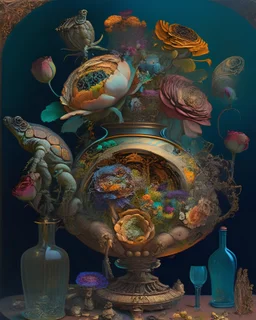 an ultra 8k detailed painting of many different types of surreal flowers in a steampunk vase standing on a steampunk table, with a steampunk turtle on the table, by Dali, Rachel Ruysch, generative art, intricate patterns, colorful, photorealistic