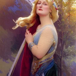 merryl streep with norway flag, plum, mountain background, fantasy, intricate, elegant, highly detailed, digital painting, artstation, concept art, smooth, sharp focus, illustration, art by gaston bussiere and alphonse mucha