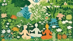 An illustration by Miyazaki and Picasso of of individuals practicing yoga surrounded by blooming flowers and lush vegetation.