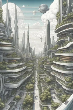 a highly detailed pencil and colour marker digital drawing of beautiful organic futuristic city in harmony with nature, full screen, fine details and contours, intricate, small minutiae, tiny features, particulars, sharp photo lens, acute outlines, digitally enhanced, least ambient occlusion, sidewalk view from the pedestrian perspective, wide angle camera, volumetric lighting, volumetric clouds, uhd, 8k, vitality colors, for book cover, enscape render, by antoni gaudí