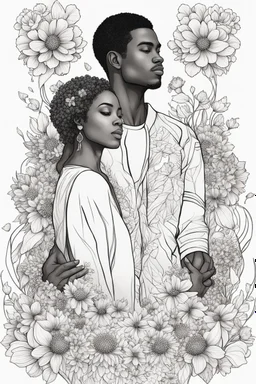Create outline art of coloring page of a black couple surrounded by blossoming flowers symbolizing the growth and beauty of their love. white background, sketch style, half of body, only use outlines, Mandala style, clean line art, white background no shadows and clear and well outlined.