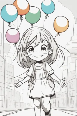 A round-faced little girl happily holding a bunch of colorful balloons. Circles can be used to depict the balloons, her eyes, and the sun in the background. very happy , Colloring page for todlliers ; basic hawali style cartoon , black and white , ink outlines , , smooth , anime style , minimalist , cute eyes , full body , white shose , sketchbook , realistic sketch , free lines , on paper , character sheet , clean line art high detailed