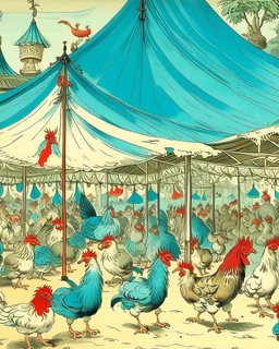A blue circus with fast chickens painted by Utagawa Hiroshige