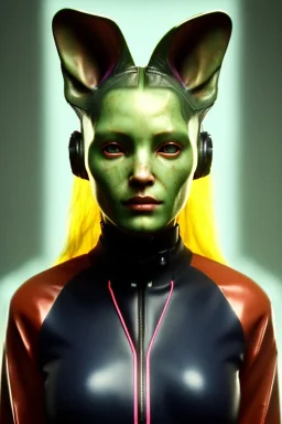 Medium Close Up Portrait, Front image. cyberpunk, rabbit-mask, teenager woman, yellow hair. latex tracksuit. Red, black, silver, color. Steampunk style. Color background, photo studio. Avatar image, highly detailed, concept art, smooth, unreal engine 5, god rays, ray tracing, RTX, lumen lighting, ultra detail, volumetric lighting, 3d, finely drawn, high definition, high resolution.