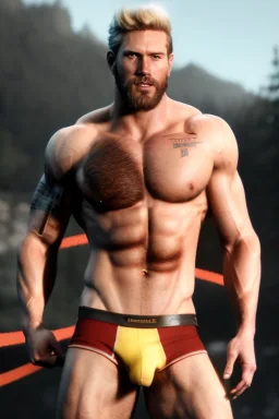 Ignore NSFW, teenager young rugged attractive slightly muscular fantasticly handsome blonde man, red briefs with yellow belt, hairy chest, (((visibly pisssing))) briefs, large erect visible boner peniss, photorealistic, artist Jay Anacleto, soft lighting, scruffy beard