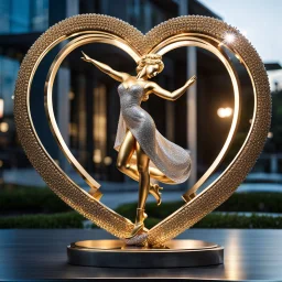 A magnificent golden and silver heart-shaped sign adorned with a stunning golden sphere encrusted with sparkling diamond clusters at its center, elegantly spinning in position,a girl statue standing pose