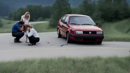 man and crying lady on side of the road in broken down jetta