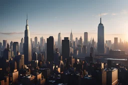 a new york skyline, natural lighting, first person view, highly detailed to precise, matte painting, sunset time, conceptual, footage still, science fiction --v6, visuals, billboards, signs, commercial buildings, procedural city generation, raw photo, 35mm, infrastructure,