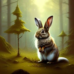 frank frazetta style, cute rabbit in the forest clearing