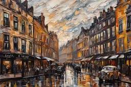 palette knife painting of a bustling Victorian London , in the Expressionist style of Egon Schiele, Oskar Kokoschka, and Franz Marc, highly detailed in muted natural colors with fine detail outlining and shading