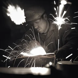 Imagen realista y dramática de una trabajador en una fábrica de fundición rodeado de las chispas que saltan, en medio de la penumbra, primer plano del trabajador mirando la pieza que funde. Fotografía periodística realizada con una cámara Leica y un objetivo de 50 mm