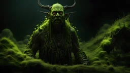 A complex 3d render of an evil, Swamp Creature Shaman, made of fluid mud, wood, and grass, decorated in phosphorescent moss and tiny, peridot flowers. The art style of The Walking Dead Show, horror Gustave Doré and Greg Rutkowski. Atmospheric, wet, 4k, sharp focus.