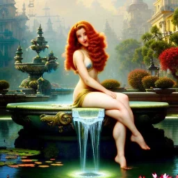 Hyperdetailed oil on canvas, young robyn lively sits by the ornate fountain, goldfish pond, lotus, detailed face, long curly multi-hued red hair, perfect legs; by gaspar camps, maxfield parrish, alphonse mucha, cyril rolando, dan mumford; luminous colorful sparkles, glitter, airbrush, octane render, volumetric lighting, 16k