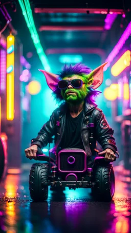 portrait of Hairy Gremlin pimp ninja yoga cyber punk in flying hipster tractor parked in dark neon lit reflective misty wet arcade hall tunnel,bokeh like f/0.8, tilt-shift lens 8k, high detail, smooth render, down-light, unreal engine, prize winning