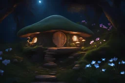"cute little mushroom house" over an cylindrical old rotten trunk with orchids in a blue dark night and warm light inside with magical ethereum light, and lots of fireflies