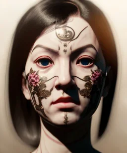 Simetric Realistic image portrait. Sweet face traditional japanese porcelain mask. 4k resolution, intricate details, ornate details, soft lighting, unreal engine 5.